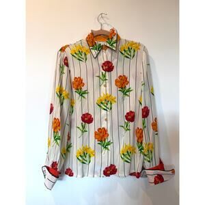 Vtg 90's 100% Silk Starington Pin Stripe Floral French Cuff Blouse 4 White